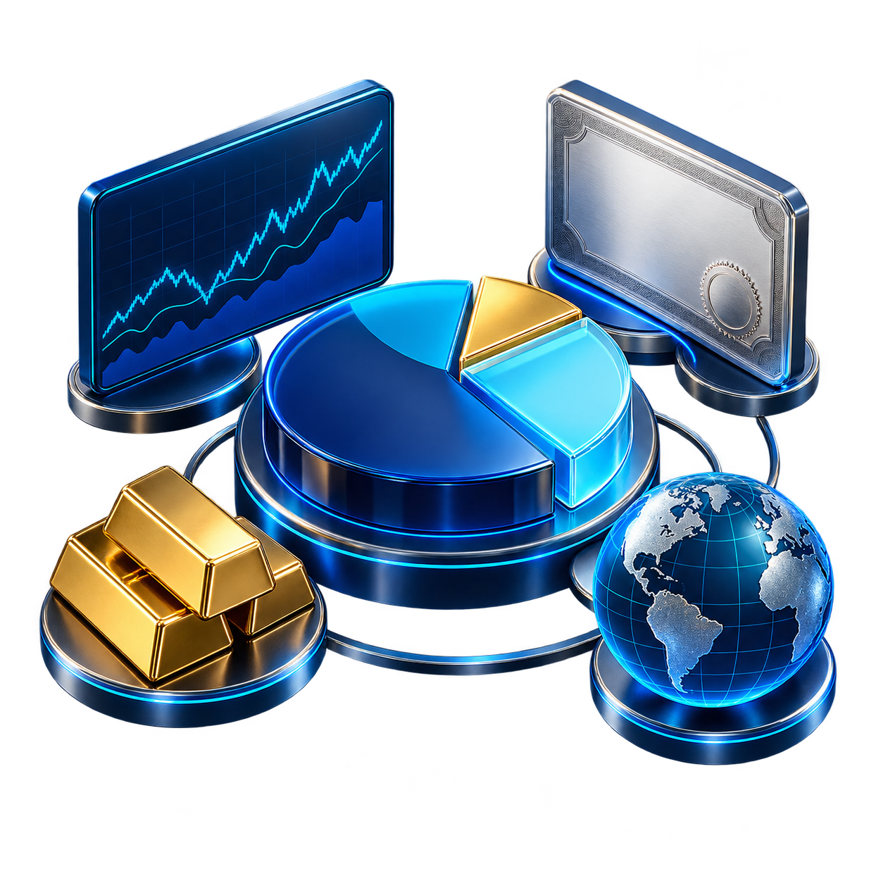 Diversified portfolio with an equities chart, bond certificate, commodities and globe